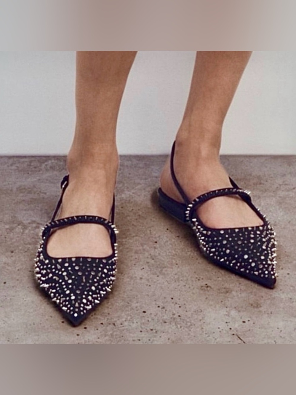 NEW - Zara Black Studded Slingback Flats -Size 10 - Picture 2 of 5